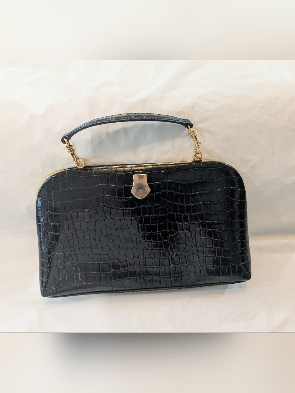 🔥Etienne Aigner Black Crocodile Leather Top-Handle Satchel/ Clutch